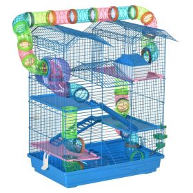 PawHut 5 Tiers Hamster Cage, Extra Large, Small Animal House, Wheels, Tubes, Water Bottle, Ladder, Blue