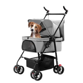 4 Wheels Pet Stroller Foldable Carrier Strolling Cart Travel Jogger Pet Stroller With Removable Liner Storage Basket For Dog Cat (Option: Grey)