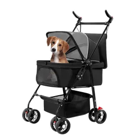 4 Wheels Pet Stroller Foldable Carrier Strolling Cart Travel Jogger Pet Stroller With Removable Liner Storage Basket For Dog Cat (Option: Black)